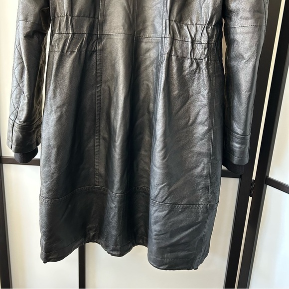 [XS] Vintage Danier Leather Moto Style Trench Coat Black Rabbit Fur Hood Winter - Picture 11 of 15